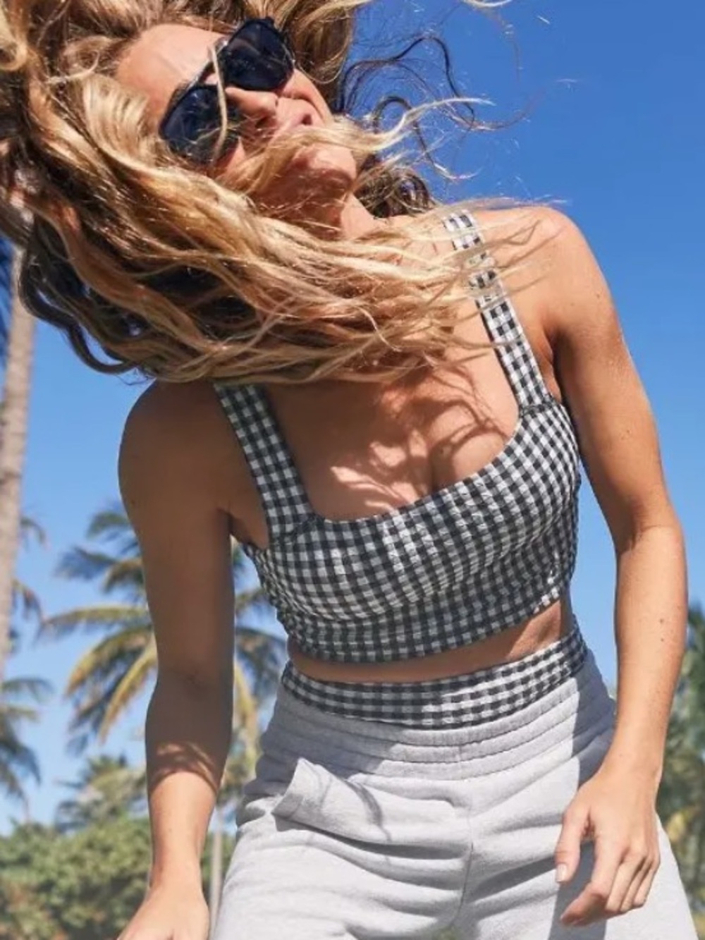 Aerie Gingham Square Neck Longline Sports Bra Top Black/White - Size Small
